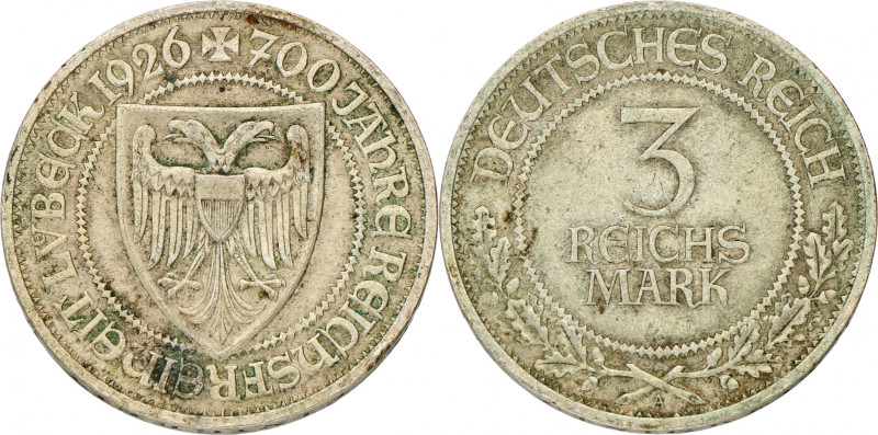 Germany. Weimar republic. 3 Mark - 700th anniversary Reichsfreiheit Lübeck. 1926...