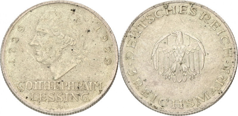 Germany. Weimar republic. 3 Mark - Goth. Ephraim Lessing. 1929 A. XF -. J. 335. ...