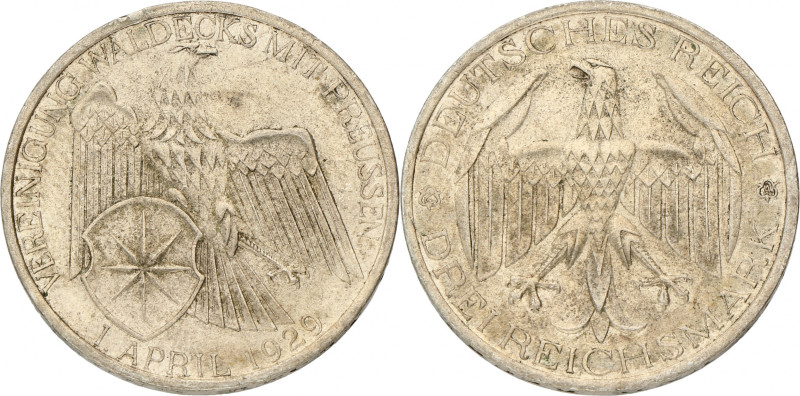 Germany. Weimar. 3 Mark - Unification of Waldeck & Prussia. 1929 A. XF. AKS 83. ...