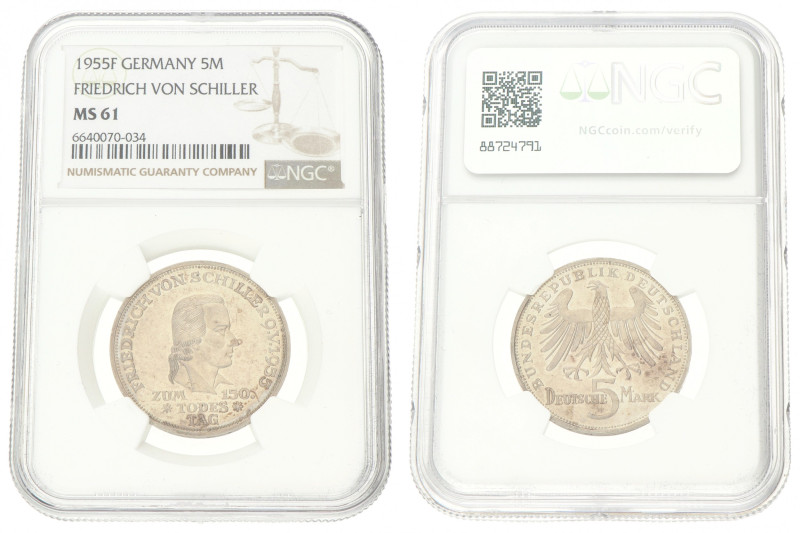 Germany. BRD. 5 Mark - Schiller. 1955 F. MS 61. NGC graded: 6640070-034. AKS 211...