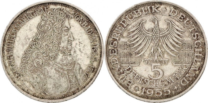Germany. BRD. 5 Mark - Türkenlouis. 1955 G. XF. Cleaned. AKS 212. J. 390. 11,2 g...