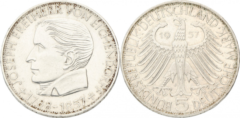 Germany. BRD. 5 Mark - Eichendorff. 1957 J. XF. Cleaned. J. 391. 11,3 g.