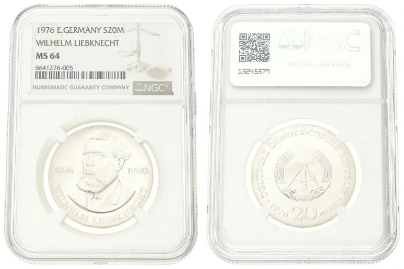 Germany. DDR. 20 Mark - Wilhelm Liebknecht. 1976. MS 64. NGC Graded: 6641276-005...