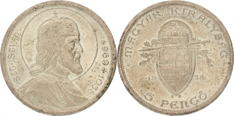 Hungary. 5 Pengo. 1938. VF. KM# 516. 25 g.