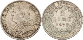 Italian states. Papal states. Pius IX. 5 Lire. 1870. XF. Rev. scratched. 25 g.