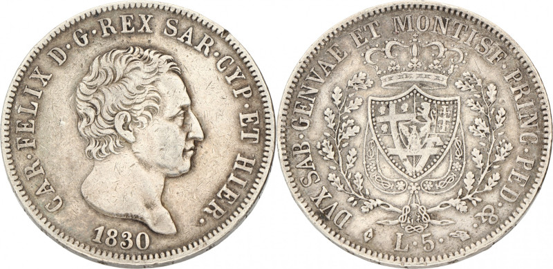 Italian states. Sardinia. Carlos Felice. 5 Lire. 1830 L. Zeer Fraai +. KM 116. 2...