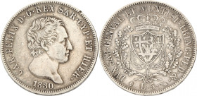 Italian states. Sardinia. Carlos Felice. 5 Lire. 1830 L. Zeer Fraai +. KM 116. 24,7 g.