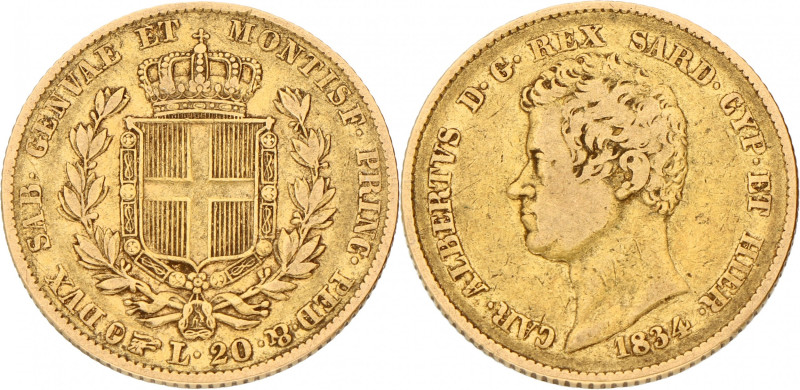 Italian states. Sardinia. Carlo Alberto. 20 Lire. 1834 P. VF -. 6,4 g.