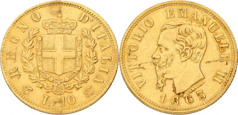 Italy. Kingdom. Vittorio Emanuele. 10 Lire. 1863. VF -. Cleaned. 3,2 g.
