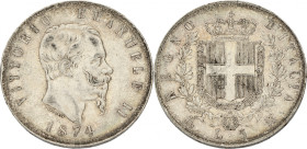 Italy. Kingdom. Vittoria Emanuelle. 5 Lire. 1874. VF +. 25 g.