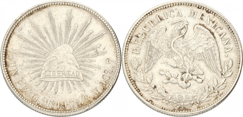 Mexico. Republic. Peso. 1908. XF. Lightly cleaned. 27 g.