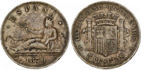 Spain. Provisional government. 5 Pesetas. 1870 (18 - 70). VF / XF. Randschade. 24,93 g.