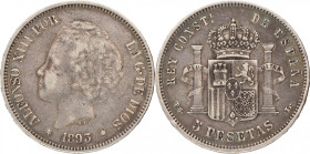 Spain. Alfonso XIII. 5 Pesetas. 1893 PG-L. KM 700. 25 g. VF.