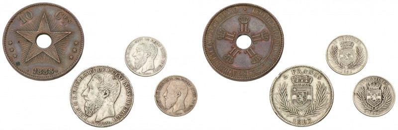 Congo. Free state. Leopold II. Lot (4) 2 Francs, 50 Centimes & 10 Centimes. 1887...