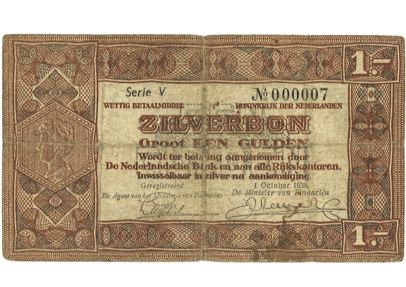 Nederland. 1 Gulden. ZIlverbon. Type 1938 - Zeer Fraai. Serienummer Serie V Nr.0...