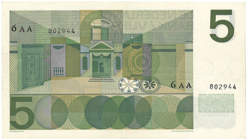 Nederland. 5 Gulden. Bankbiljet. Type 1966 - Zeer Fraai +. Serienummer 6AA 80294...