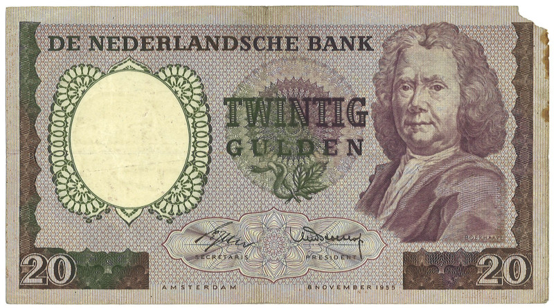 Nederland. 20 Gulden. Bankbiljet. Type 1955. - Zeer Fraai -. Hoekschade. Zeer Fr...