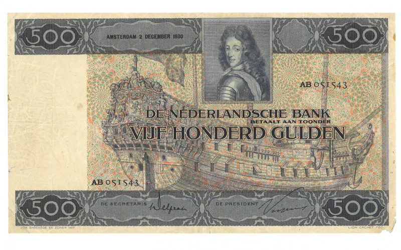 Nederland. 500 Gulden. Bankbiljet. Type 1930. - Zeer Fraai. Lichte papierschade ...