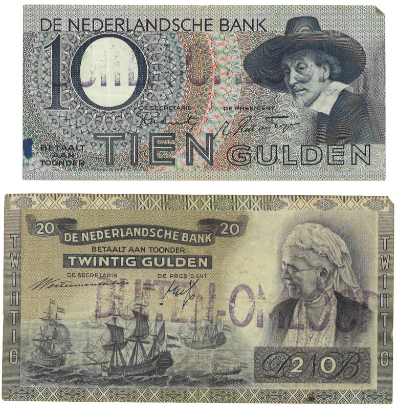 Nederland. lot 2 Banknotes. Bankbiljet. Type 1940/1943. - Fraai. Stempel buiten ...