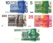 Nederland. Lot 5 bankbiljetten. Bannkbiljet. Type 1968/1973. - Prachtig. Prachtig.