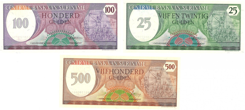 Suriname. Lot 3 Banknotes. Banknote. Type 1982/1985. - UNC. (AV / Pick / Plomp. ...