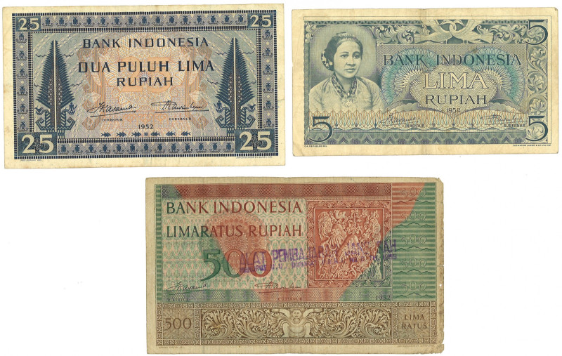 Indonesia. Lot 3 Banknotes. Banknotes. Type 1952. - Very fine / Extremely fine. ...