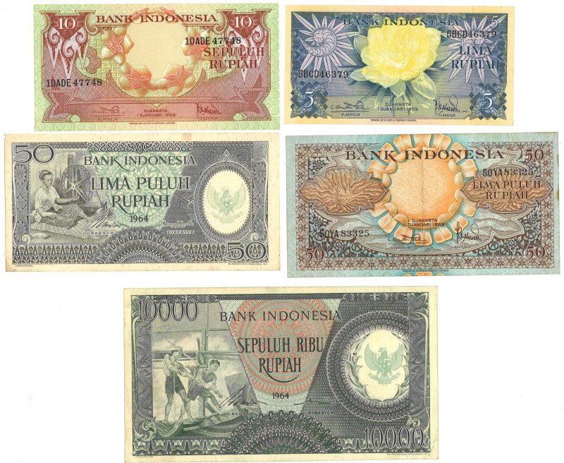 Indonesia. Lot 5 banknotes. Banknote. Type 1959. Type 1964. - Very good – UNC. V...