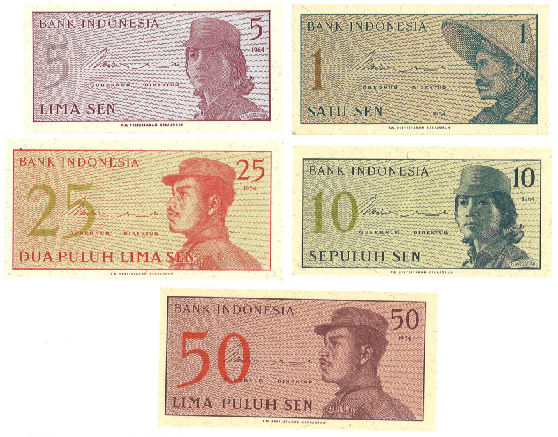 Indonesia. Lot 5 Banknotes. Banknote. Type 1964. - UNC. UNC.