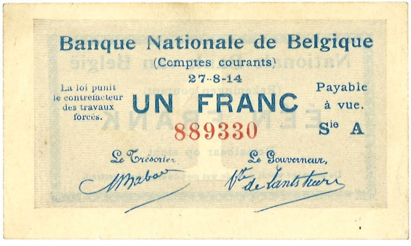 Belgium. 1 Franc. Banknote. Type 1914. - UNC. UNC.