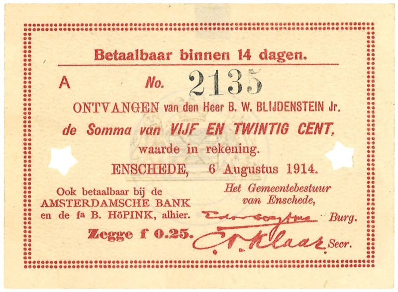 Nederland. 25 cent. Waardebon. Type 1914. - Nagenoeg UNC. Nagenoeg UNC.