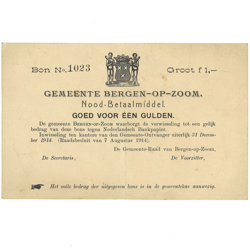 Nederland. 1 Gulden. Waardebon. Type 1914. Type Bergen op Zoom. - Zeer Fraai +. ...