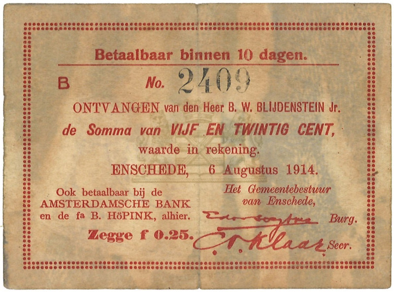 Nederlandd. 25 cent. Waardebon. Type 1914. - Fraai. Fraai.