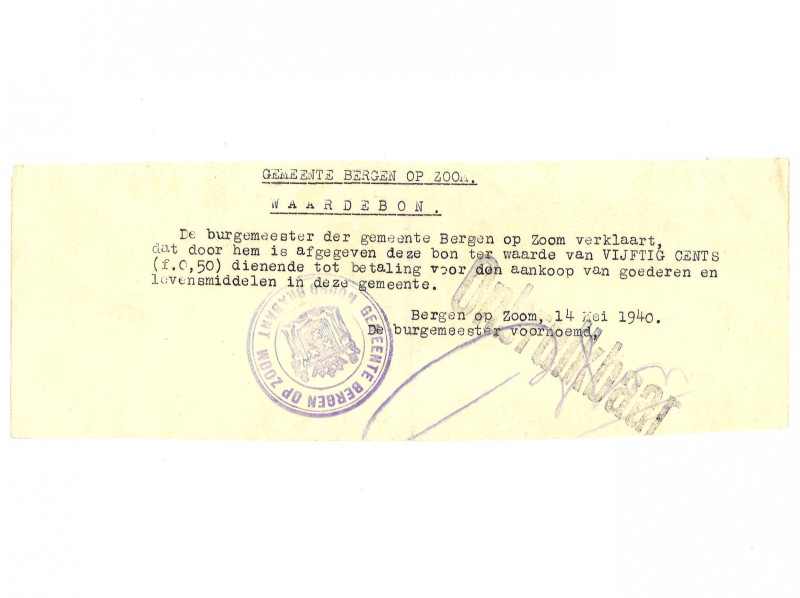 Nederland. 50 cent. Waardebon. Type 1940. Type Bergen op Zoom. - Prachtig. (Alm....