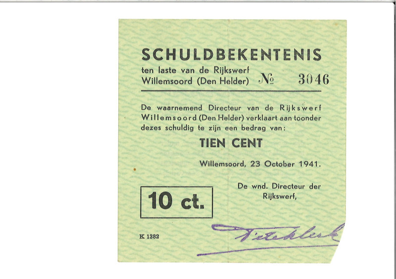 Nederland. 10 Cent. Waardebon. Type 1941. Type Den Helder. - Zeer Fraai. Zeer Fr...