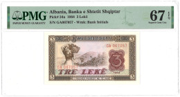 Albania. 3 Lekë. Banknote. Type 1964. - PMG 67EPQ (AV / Pick / Plomp. Pick# 34a) - UNC.