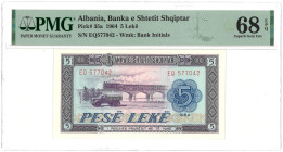 Albania. 5 Lekë. Banknote. Type 1964. Type Top pop. - PMG 68EPQ (AV / Pick / Plomp. Pick# 35a). - UNC.
