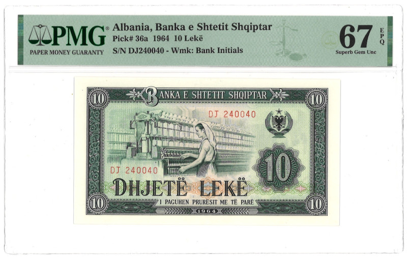 Albania. 10 Lekë. Banknote. Type 1964. - PMG 67EPQ (AV / Pick / Plomp. Pick# 36a...