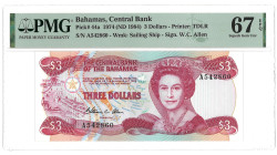 Bahamas. 3 Dollar. Banknote. Type 1974. - PMG 67EPQ (AV / Pick / Plomp. Pick# 44a). - UNC.