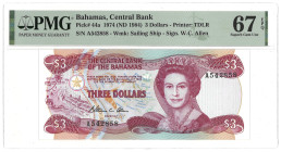 Bahamas. 3 Dollars. Banknote. Type 1974. - PMG 67EPQ (AV / Pick / Plomp. Pick# 44a). - UNC.