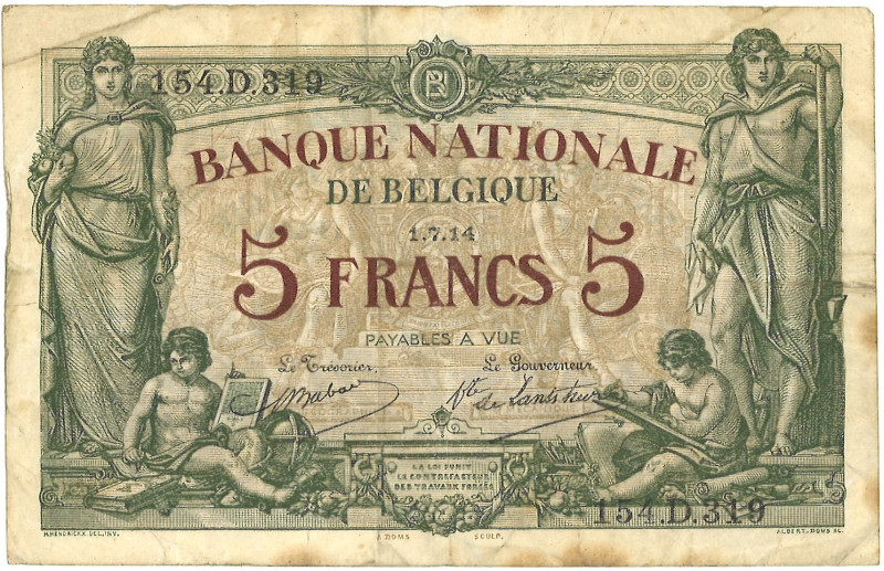 Belgium. 5 Francs. Banknote. Type 1914 - Very fine. Very fine.