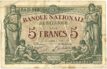 Belgium. 5 Francs. Banknote. Type 1914 - Very fine. Very fine.