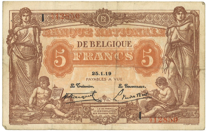 Belgium. 5 Francs. Banknote. Type 1919 - Very fine. Very fine.