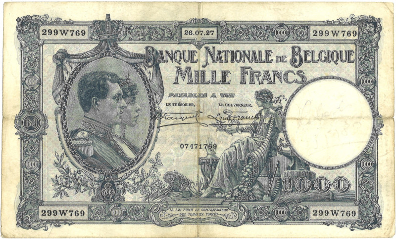 Belgium. 1000 Francs. Bankbiljet. Type 1927. - Very fine. Very fine.