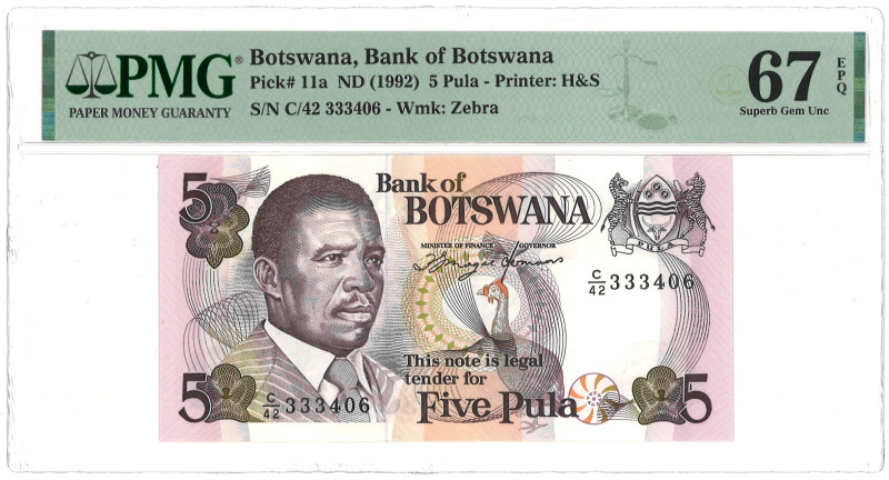 Botswana. 5 Pula. Banknote. Type 1992. - PMG 67EPQ (AV / Pick / Plomp. Pick# 11a...