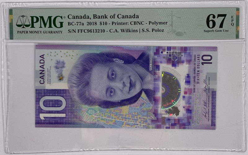 Canada. 10 Dollars. Bankbiljet. Type 2018. - PMG 67EPQ UNC.
