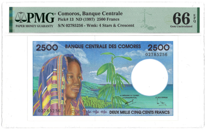Comoros. 2500 Francs. Banknote. Type 1997. - PMG 66EPQ (AV / Pick / Plomp. Pick#...