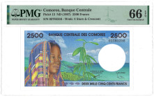 Comoros. 2500 Francs. Banknote. Type 1997. - PMG 66EPQ (AV / Pick / Plomp. Pick# 13) - UNC.