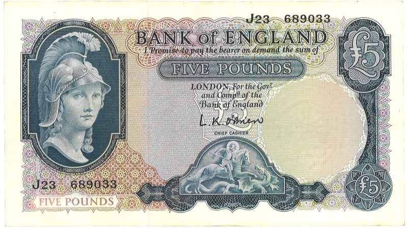 England. 5 Pounds. Banknote. Type ND. - Extremely fine. Extremely fine.