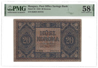Hungary. 20 Korona. Banknote. Type 1919. - PMG 58EPQ (AV / Pick / Plomp. Pick# 42). - About UNC.