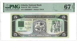 Liberia. 5 Dollars. Liberia. Type 1991. - PMG 67EPQ (AV / Pick / Plomp. Pick# 20) - UNC.